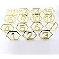 WT-YOGUET 1-15 signos de mesa hexagonales- números de espejo acrílico dorado para boda de compromiso